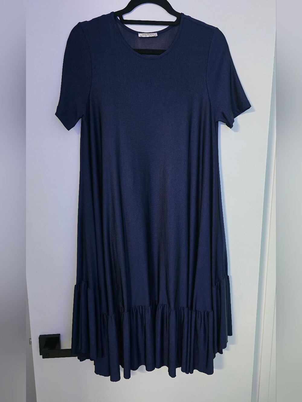 Zara Navy Short-Sleeve Midi Dress with Ruffle Hem